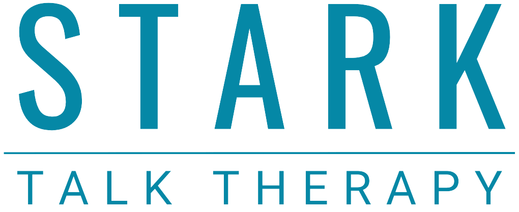 The image shows the text "STARK TALK THERAPY" in bold, teal lettering.